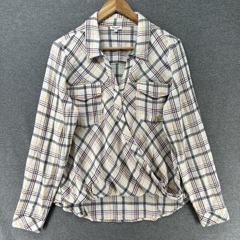 Splendid Top Womens Large Colorful Plaid Wrap Front Long Sleeve Warm RF9W500